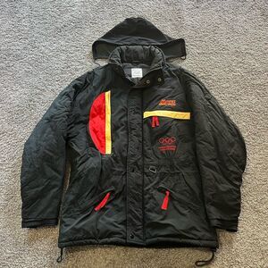 VTG 1992 Mars Brand Olympics Puffer Jacket Parka Hooded Black Large Albertville